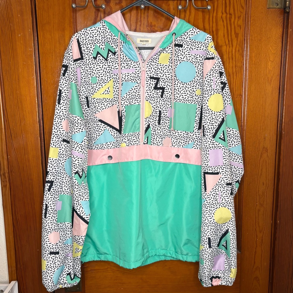 Ragstock Windbreaker Women Large Green Excellent Vintage Inspired 90s Geometric